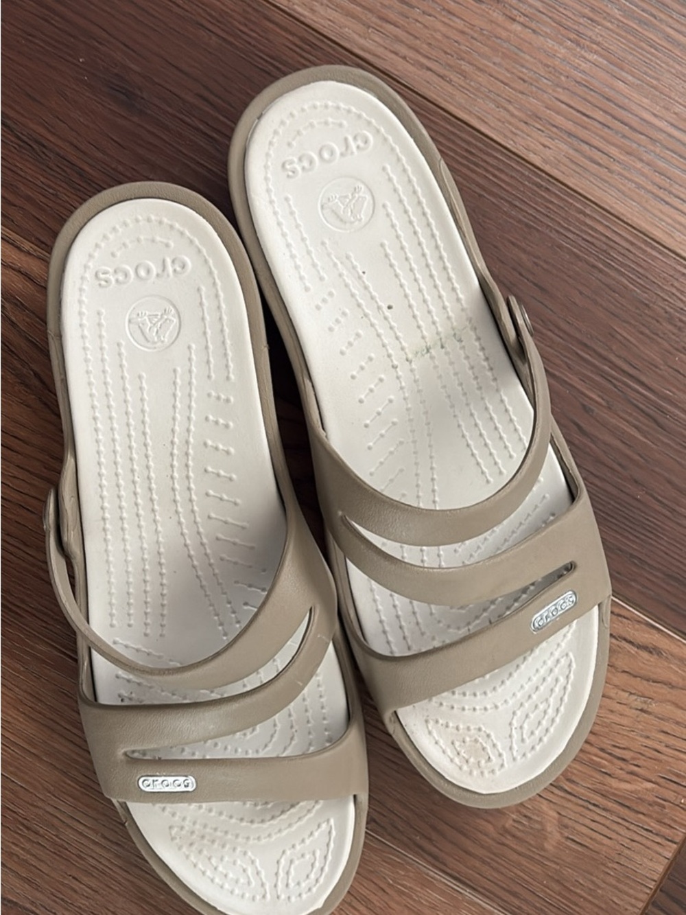CROCS Women’s Taupe and White Double-Strap Slide Sandals